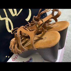 Brand New Tan Strap Wedges, Size 7.5